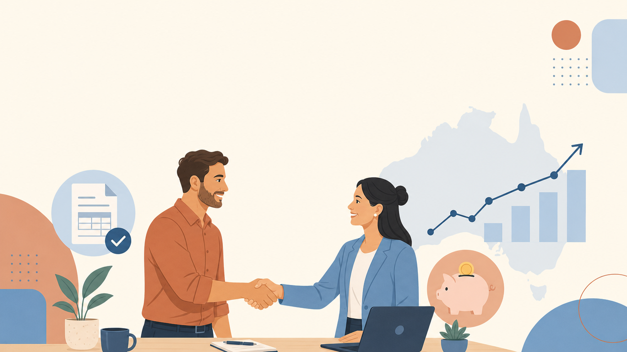 Illustration of a small business owner and bookkeeper shaking hands with an upward cash flow chart, representing the best bookkeeping services for cash flow in Australian service businesses