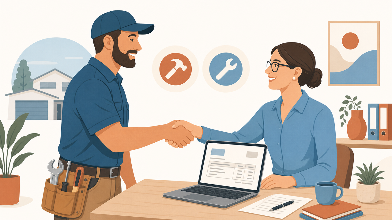 A tradesperson and a bookkeeper reviewing job costing and invoices for a Geelong trade business