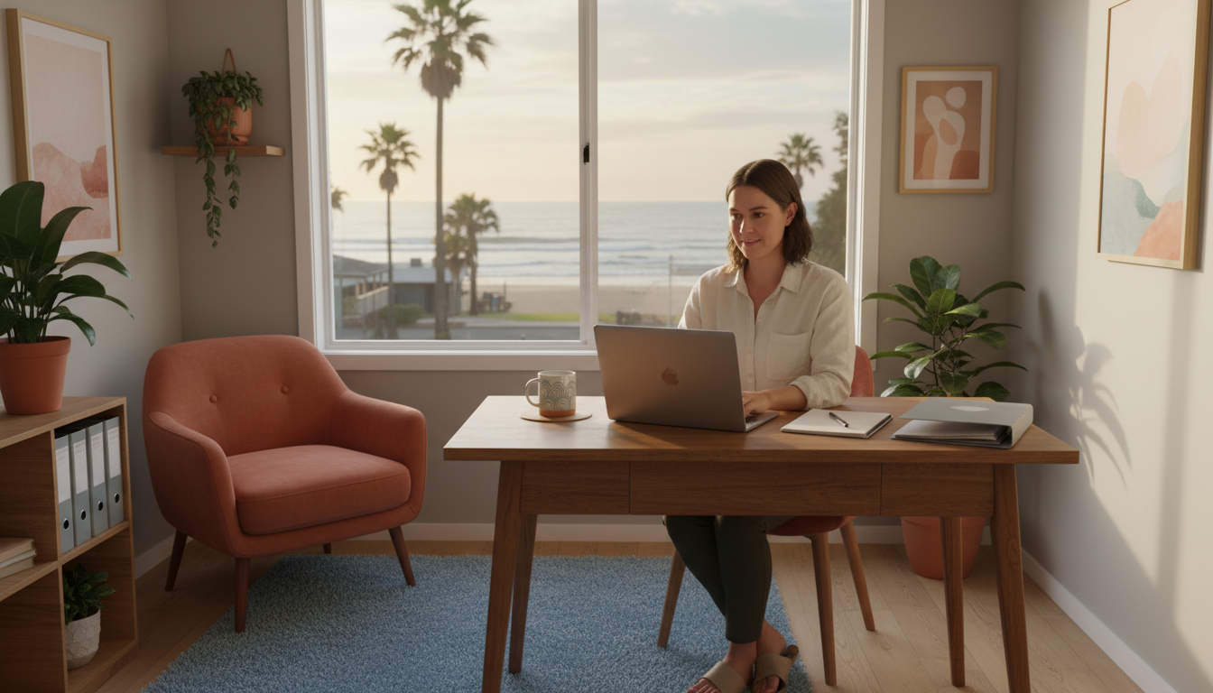 A support coordinator working at a laptop in a small home care office near the Geelong coast