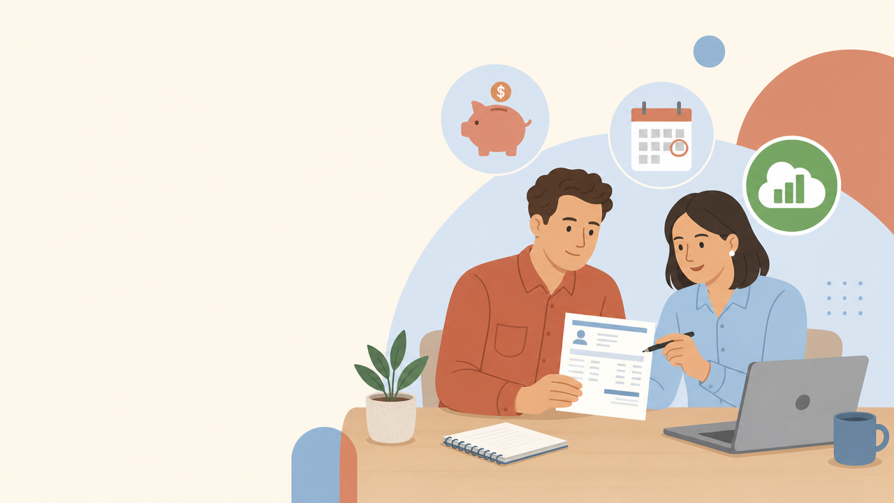 Illustration of a small business owner and bookkeeper reviewing a payslip, superannuation and payroll calendar, representing payroll services for Australian small business