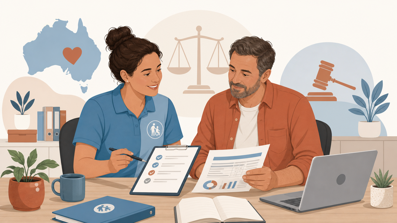 A Geelong NDIS provider reviewing a payroll compliance checklist with a bookkeeper ahead of upcoming SCHADS Award changes